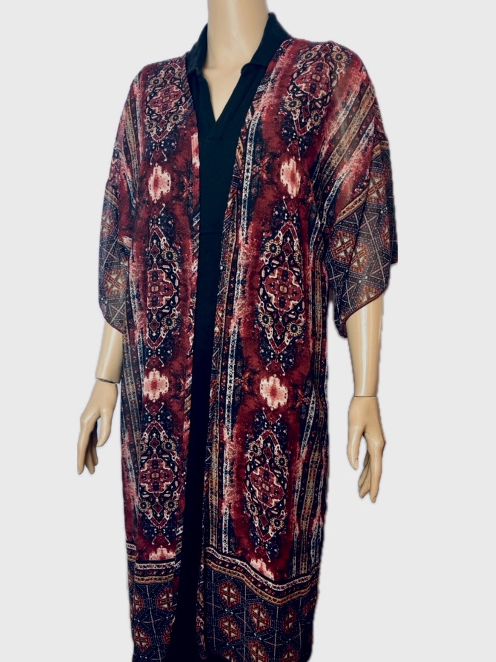 Open duster kimono with jewel tone mosaic pattern